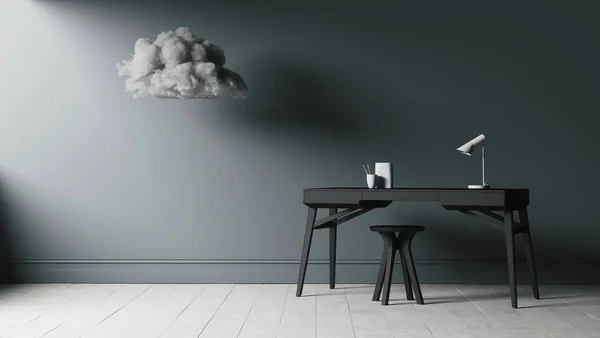 Ilustración Realista Nube Gris Sobre Elegante Escritorio Negro Con Silla — Foto de Stock