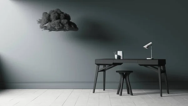 现实的3D图像 灰色云彩笼罩在时髦的黑色桌子上 椅子在普通灰色墙壁的背景上 — 图库照片