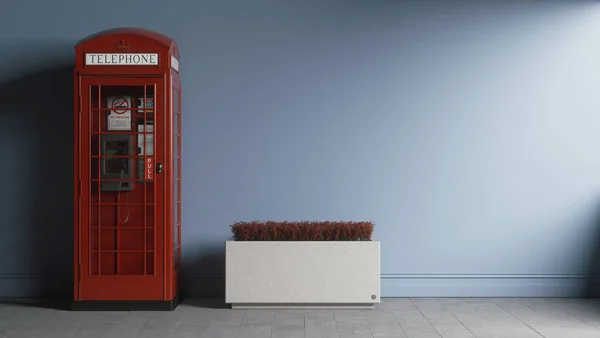 浅白背景下红色电话亭与花坛的真实感3D图解 — 图库照片
