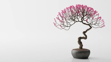 Gri arkaplanda pembe çiçekli bonsai ağacının 3D görüntüsü