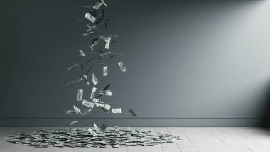 Sade arka planda düşen dolarların gerçekçi 3D çizimi
