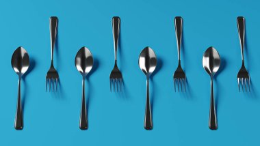 Basit mavi arkaplanda çatal ve kaşıkların 3D biçimlendirilmesi