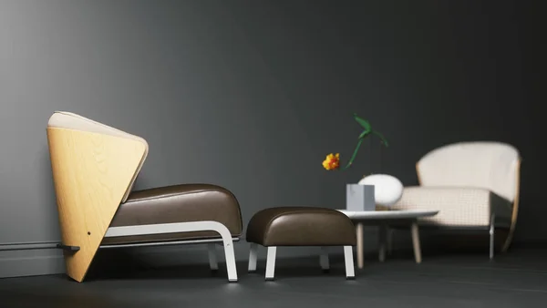 带扶手椅和灰色背景桌子的酒店大堂模型3D渲染 — 图库照片