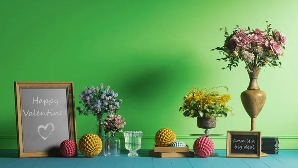 3d render of flowers in vases, decorative balls and blackboards Valentines day and love cards on green colored background