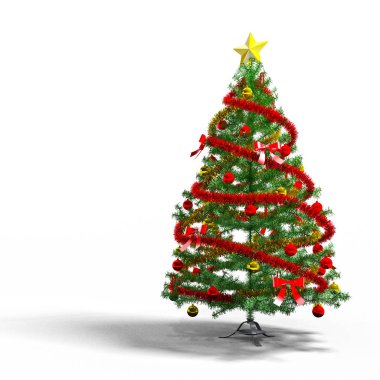 Kırmızı ve altın süslemeli yeşil Noel ağacı, çelenkler ve beyaz arka planda yıldız