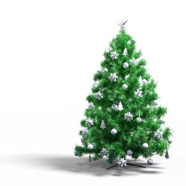 Gümüş süslemeli yeşil Noel ağacı ve beyaz arka planda yıldız