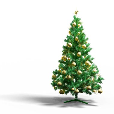 Altın süslemeli yeşil Noel ağacı ve beyaz arka planda yıldız