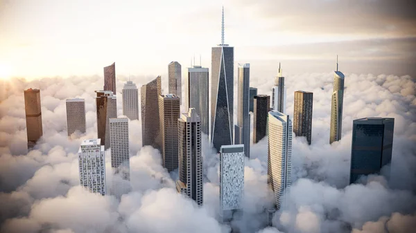 Renderização Arranha Céus Urbanos Acima Nuvens Brancas — Fotografia de Stock