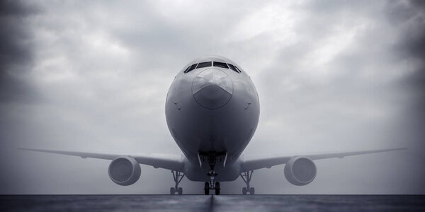 Realistic 3d illustration of airplane model on stormy sky background