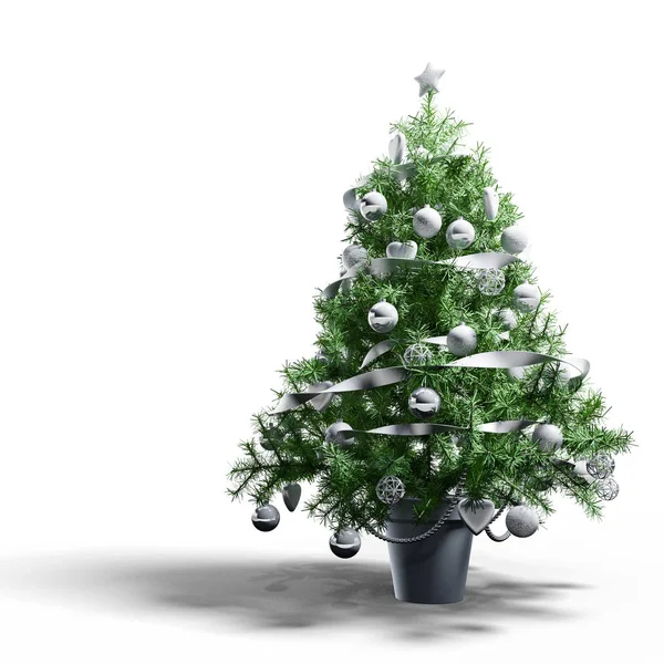 Gümüş süslemeli yeşil Noel ağacı ve beyaz arka planda saksıda çelenkler