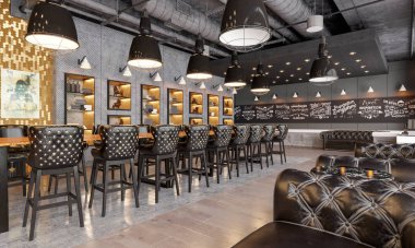 Çatı katı tarzında modern restoran ziyafeti salonu, iç tasarım hazırlama