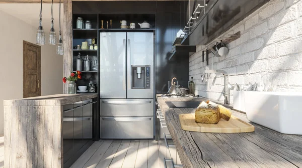 Loft Kitchen Dining Room Interior Design Rendering — Stock Photo, Image