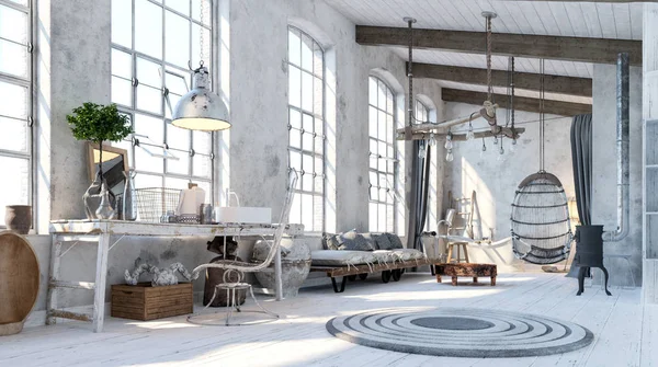 Soggiorno Vintage Stile Loft Interior Design Rendering — Foto Stock