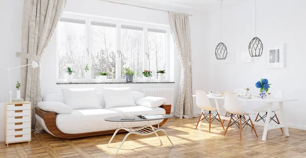 Koselig Stue Med Stor Hvit Sofa Bord Innvendig Design – stockfoto