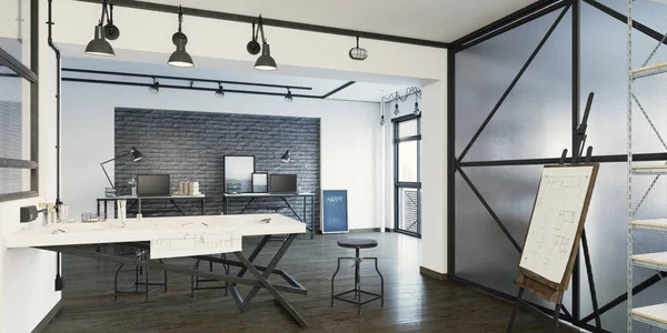 Moderna Sala Business Office Con Scrivanie Lavoro Rendering Interni — Foto Stock