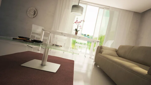 有桌子和沙发的现代客厅和餐厅 室内设计渲染 — 图库照片