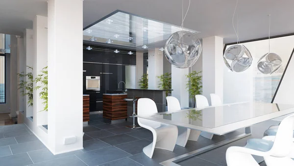 Moderna Sala Pranzo Con Tavoli Cucina Interior Design Rendering — Foto Stock