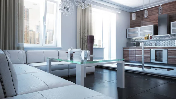 ソファ テーブル キッチン付きのスタイリッシュな客室 インテリアデザインのレンダリング — ストック写真