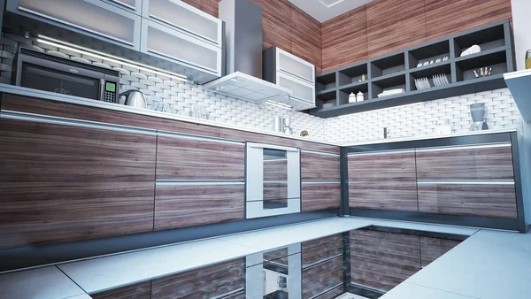 Stilig Kjøkken Innvendig Design Gjengivelse – stockfoto