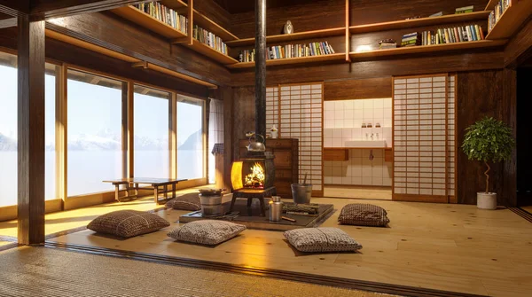 Традиционный Японский Зал Оформление Интерьера — стоковое фото