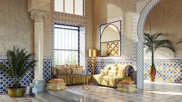 Sala Descanso Estilo Marroquí Con Sofá Plantas Diseño Interiores Renderizado — Foto de Stock