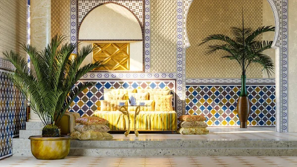 Hvilerom Marokkansk Stil Med Sofa Planter Interiør Design Rendering – stockfoto