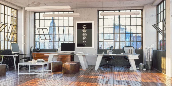 Urban loft office workspace, interior design rendering