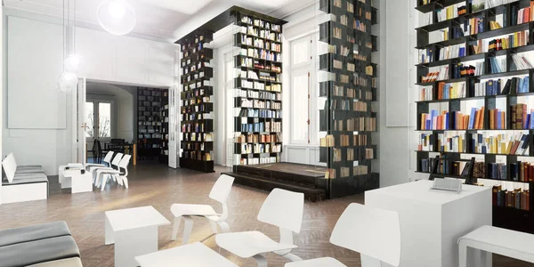Modern library room with shelves and books, interior design rendering