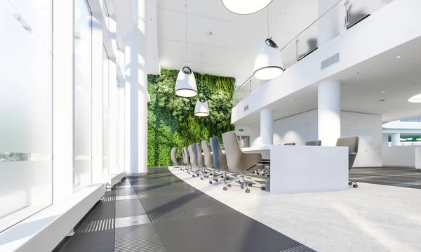 Meeting room with realistic green wall, interior design 3d rendering