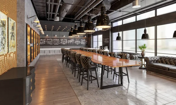 Modern restaurant banqueting hall in loft style, interior design rendering