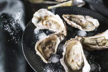 Limonlu istiridyeleri siyah tabakta aç