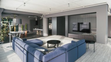 Kithen 'lı modern oturma odası. 3d illüstrasyon