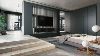 Modern yatak odası. İçi koyu gri. 3d illüstrasyon