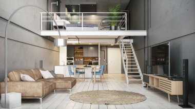 Dubleks bir dairenin modern iç mekanı. Modern apartman dairesi. Küçük bir dairenin modern tasarımı. 3d illüstrasyon