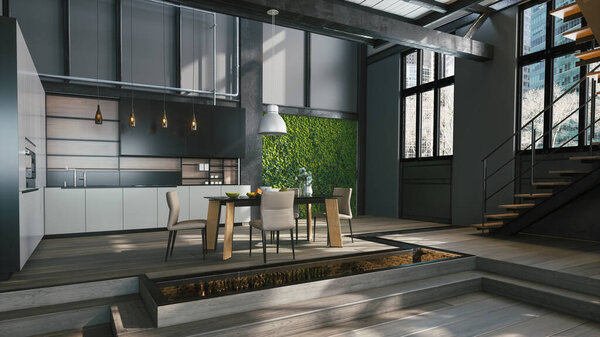 Современная кухня в серых тонах. 3D-иллюстрация