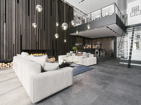 Modern tarzda şık bir daire. Mutfağı olan dubleks oturma odası. 3d illüstrasyon