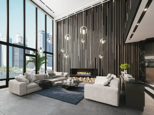 Modern Living Room Design Large Windows Illustration – stockfoto