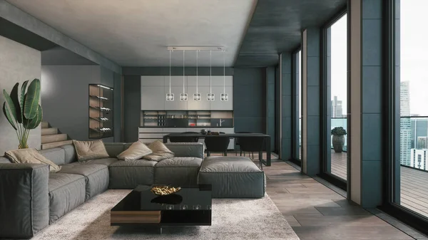 Mutfağı olan modern bir oturma odası. 3d illüstrasyon