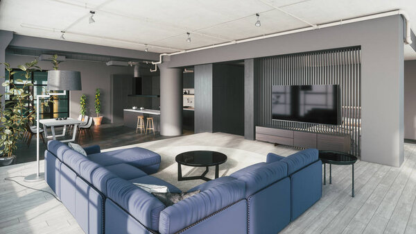 Современная гостиная с китенком. 3D-иллюстрация