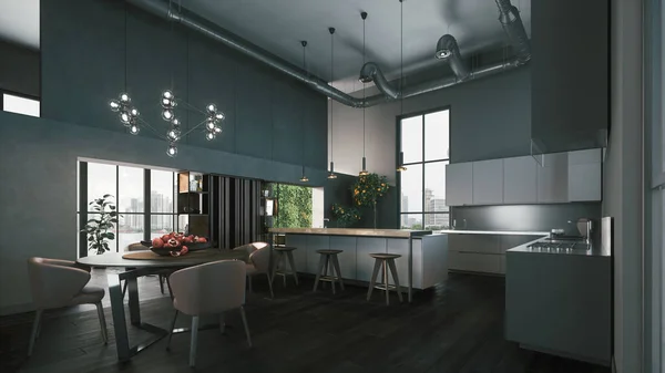 Moderno Monolocale Con Cucina Interno Grigio Scuro Illustrazione — Foto Stock