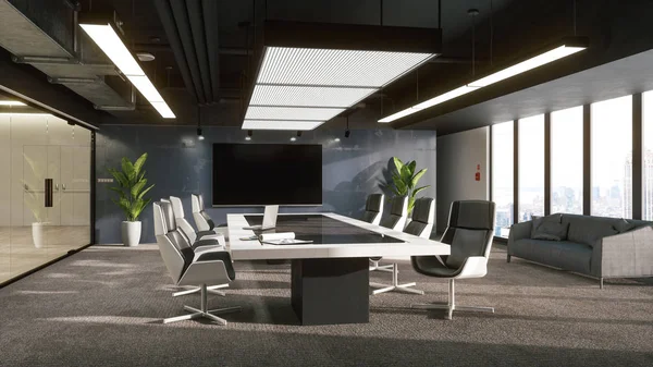 Ofis 3D illüstrasyonunda toplantı odasının modern iç mekanı