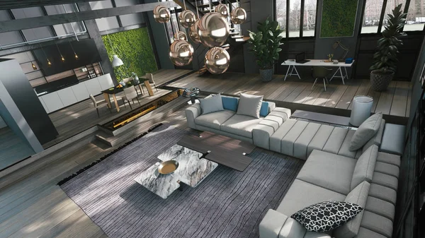 Oturma odasının içi. Evin içinde çatı katı tarzı. 3d illüstrasyon