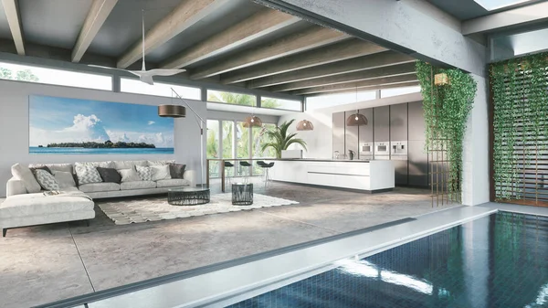 大きなリビングルームのキッチンとプール付きの夏の家 3Dイラスト ストック画像