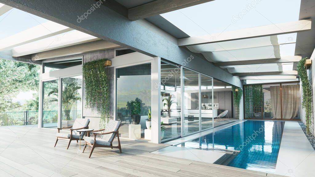 Modern villa with large living room and pool. 3d illustration