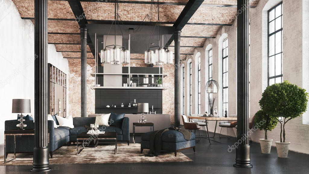 Fashionable loft style living room. 3d illustration