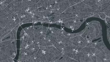 Londra üzerinde uçuş yolları. Alfa maskesiyle Londra üzerinde hava trafiği. Şehir Haritası Üzerinde Uçuş Yolları.
