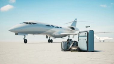 Jet uçak bekliyor. Bagajlar, bavullar, uçağın yanındaki çantalar. 3d canlandırma