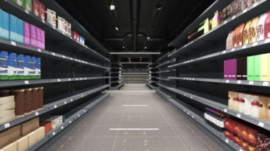 Süpermarket bakkaliyelerle dolu. Süpermarket rafları 3D animasyon. Süpermarket rafları dolu. Kamera süpermarketteki market rafları boyunca ilerler.. 