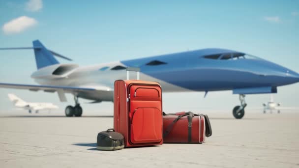 Bőröndök Magán Luxus Repülő Privát Repülő Táskák Bőröndök Felszálló Repülőgép — Stock videók