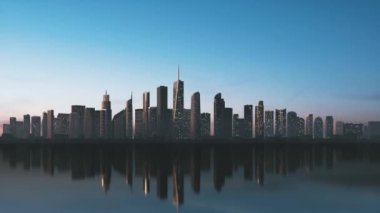 Gökdelenleri olan şehir silueti. Gündoğumunda Panorama City silueti. Güneş doğmadan önce su yansımasında gökdelenler